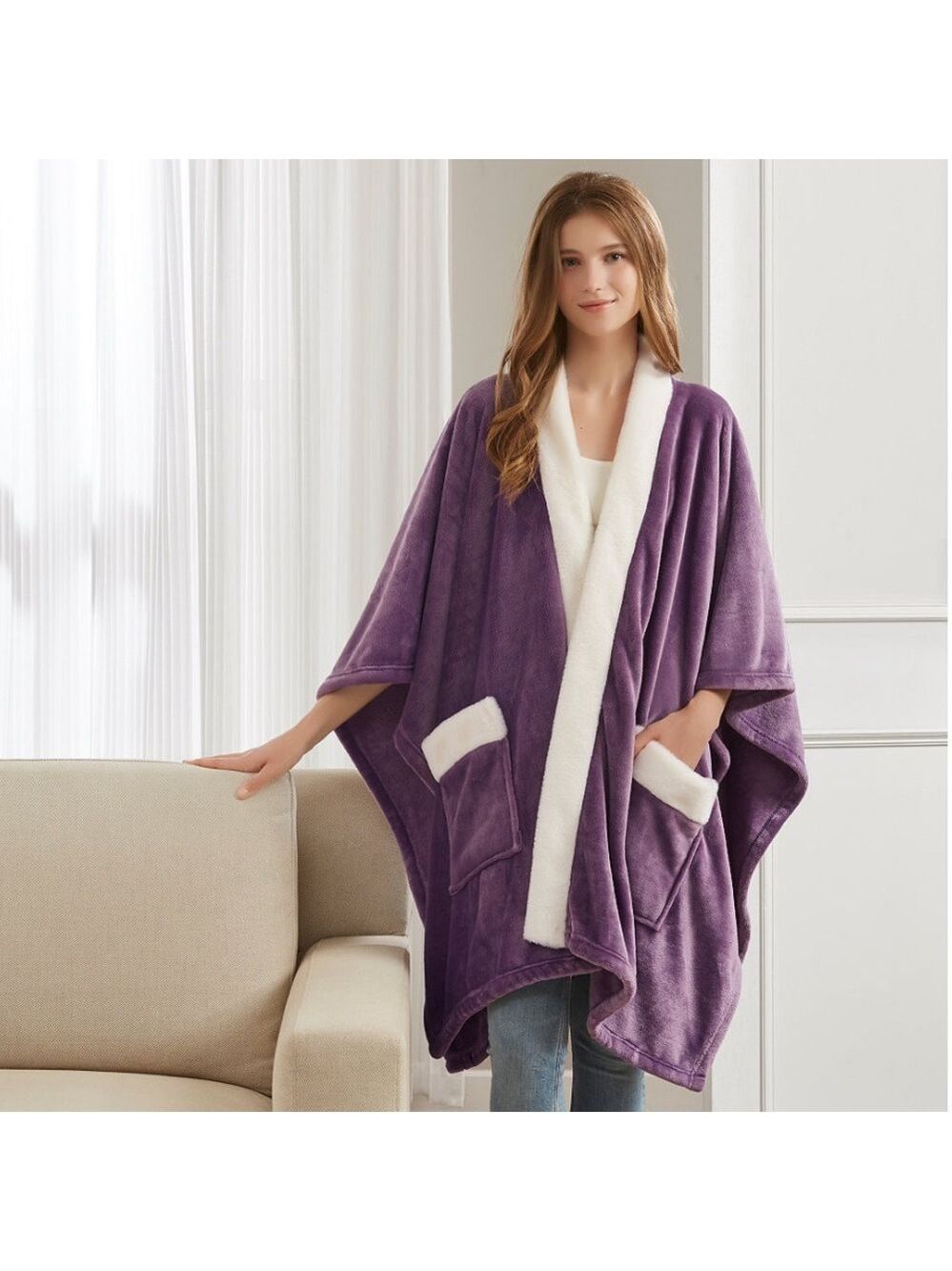 PURPLE !! Women's Purple Fleece Wrap Coat Deep Pockets Fall Winter NEW WITH TAGS - Picture 8 of 8